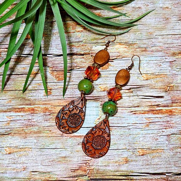 Hand Crafted Jewelry - Artisan Earrings Embossed Faux Leather Copper Amber Green Beaded Pierced